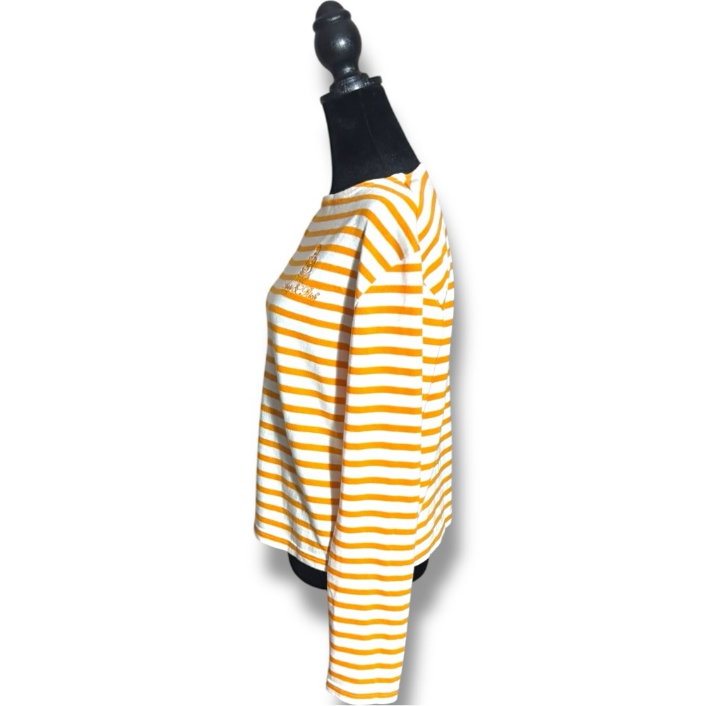Sporty & Rich Orange and White Striped Long Sleeve Lightweight Knit Sweater Top - Picture 7 of 15